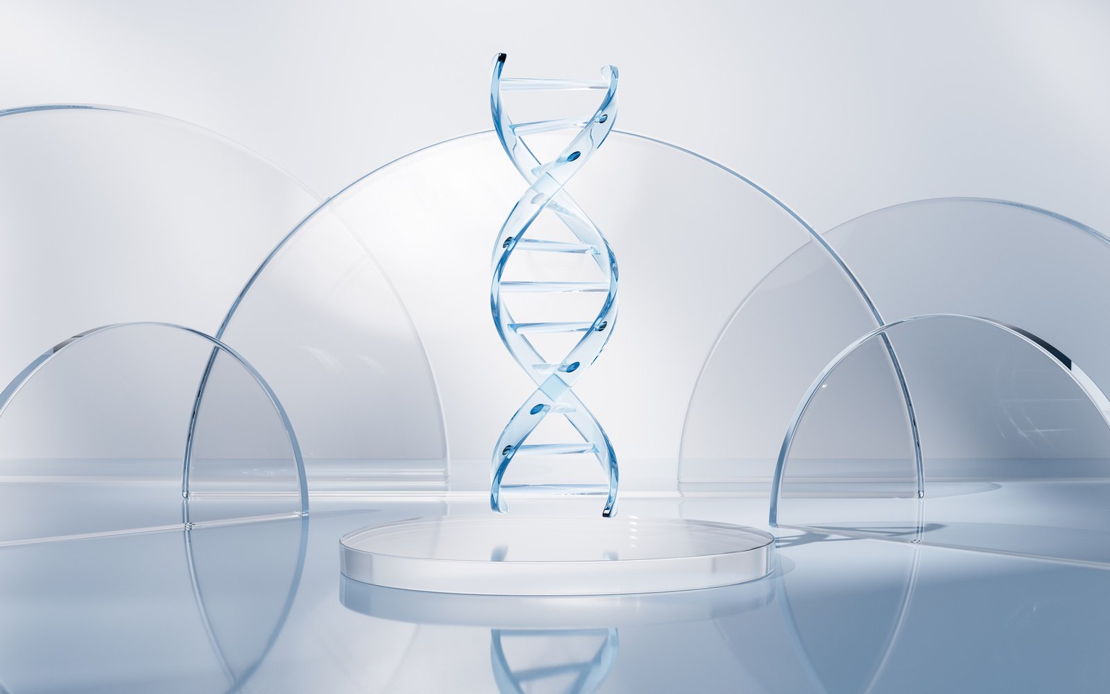 DNA with glass geometry background, 3d rendering.